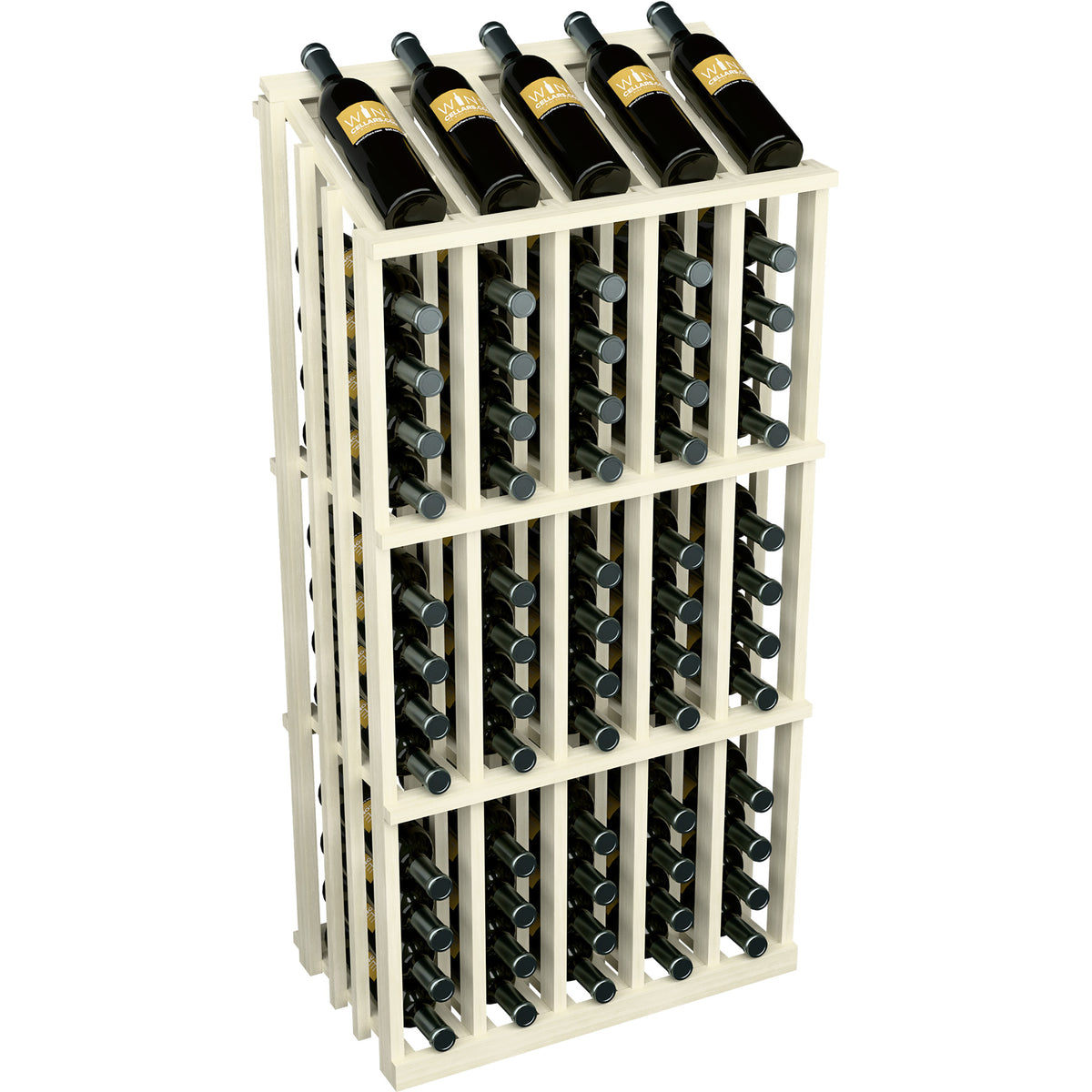 White-finish wine bottle display rack with circular bottle holders and capped bottles