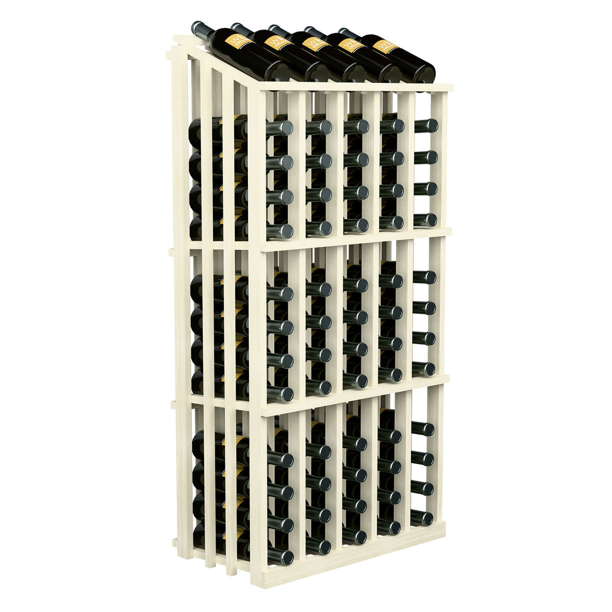 Wine bottle display rack with light frame and rows of bottles in vertical slots