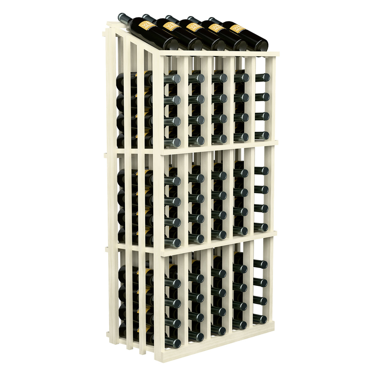 Cream white wooden wine bottle rack with 65 bottle slots and bottles at top