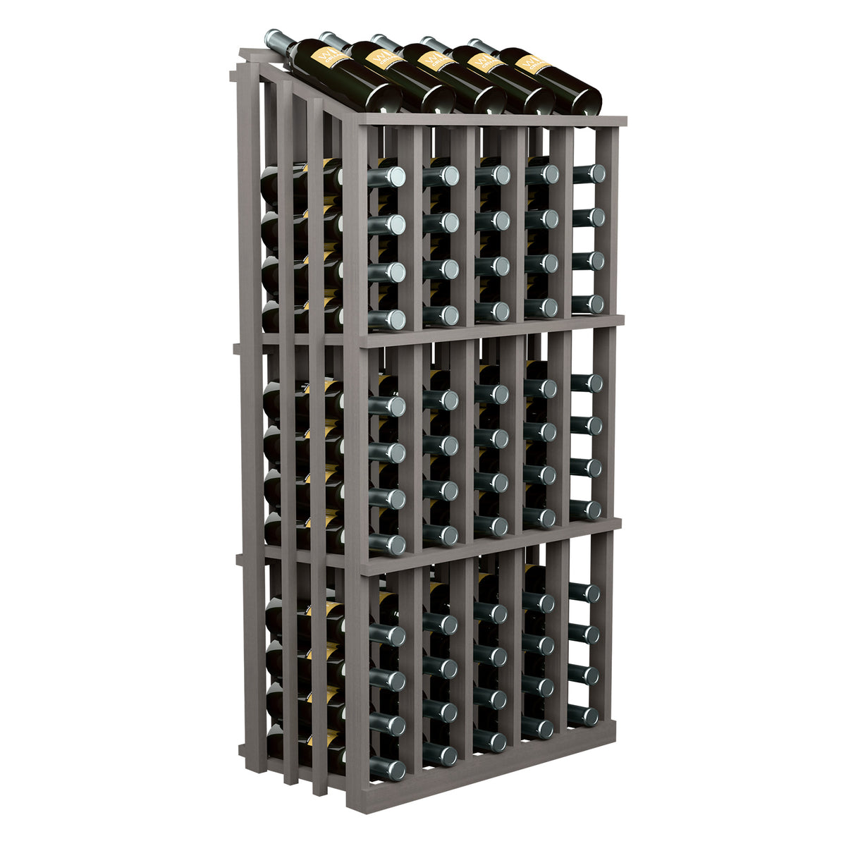 Dark gray wine bottle display rack with front grid of bottle openings