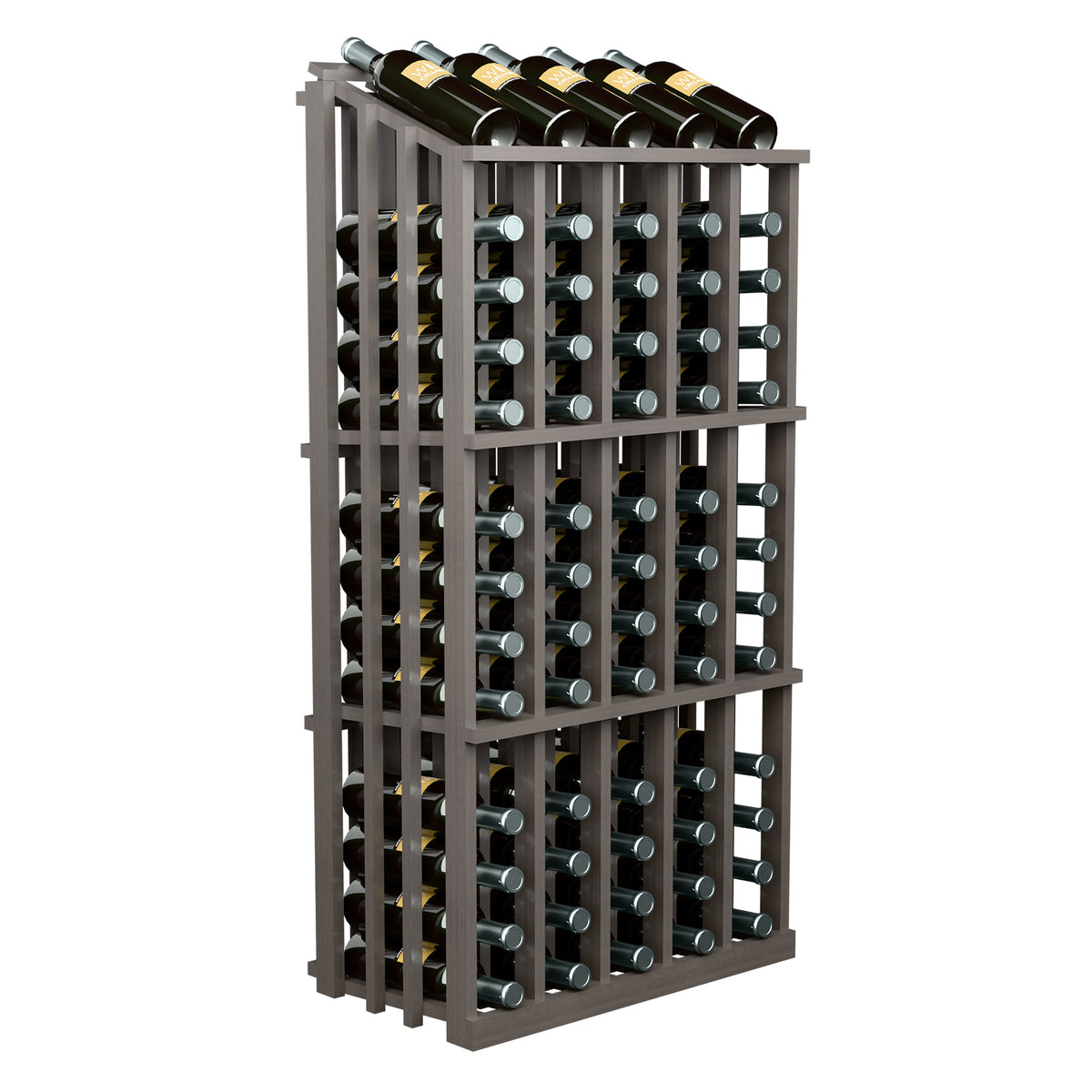 Gray wooden wine bottle rack with 65 bottle slots and bottles lined up in rows