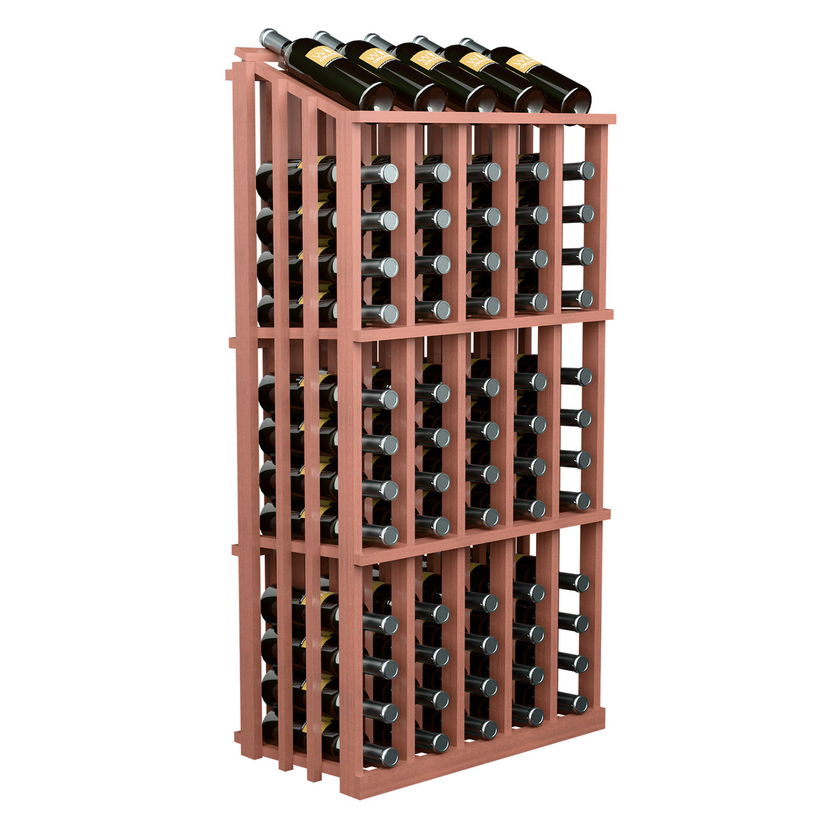 Rust-toned wooden wine bottle rack with 65 bottle slots and bottles on display