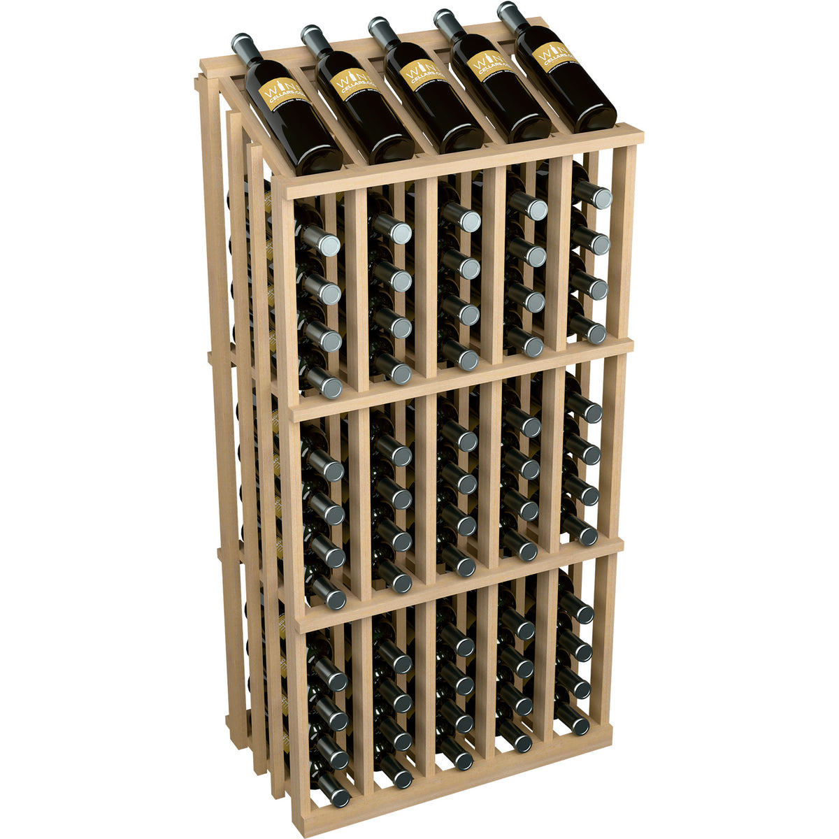65-bottle wood wine rack with pale wood frame and bottle slots, front view.