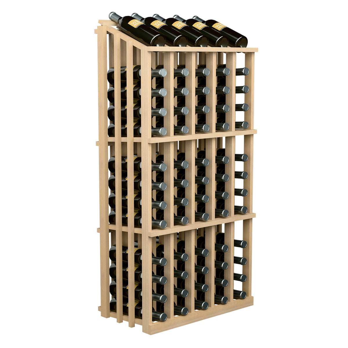 Natural wood wine bottle display rack with circular bottle holders and capped wine bottles