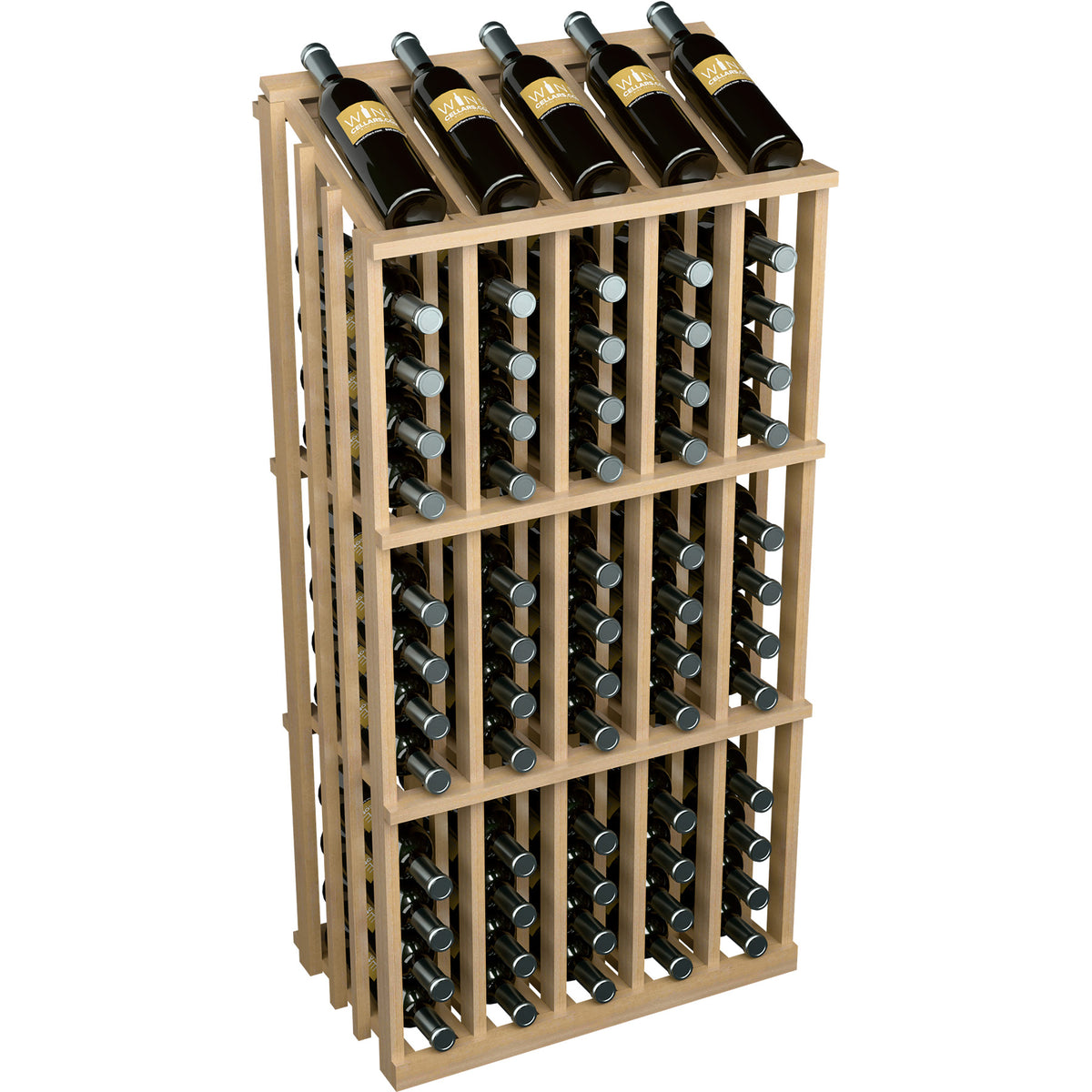 Pale light wooden wine bottle rack with 65 bottle slots and wine bottles standing inside