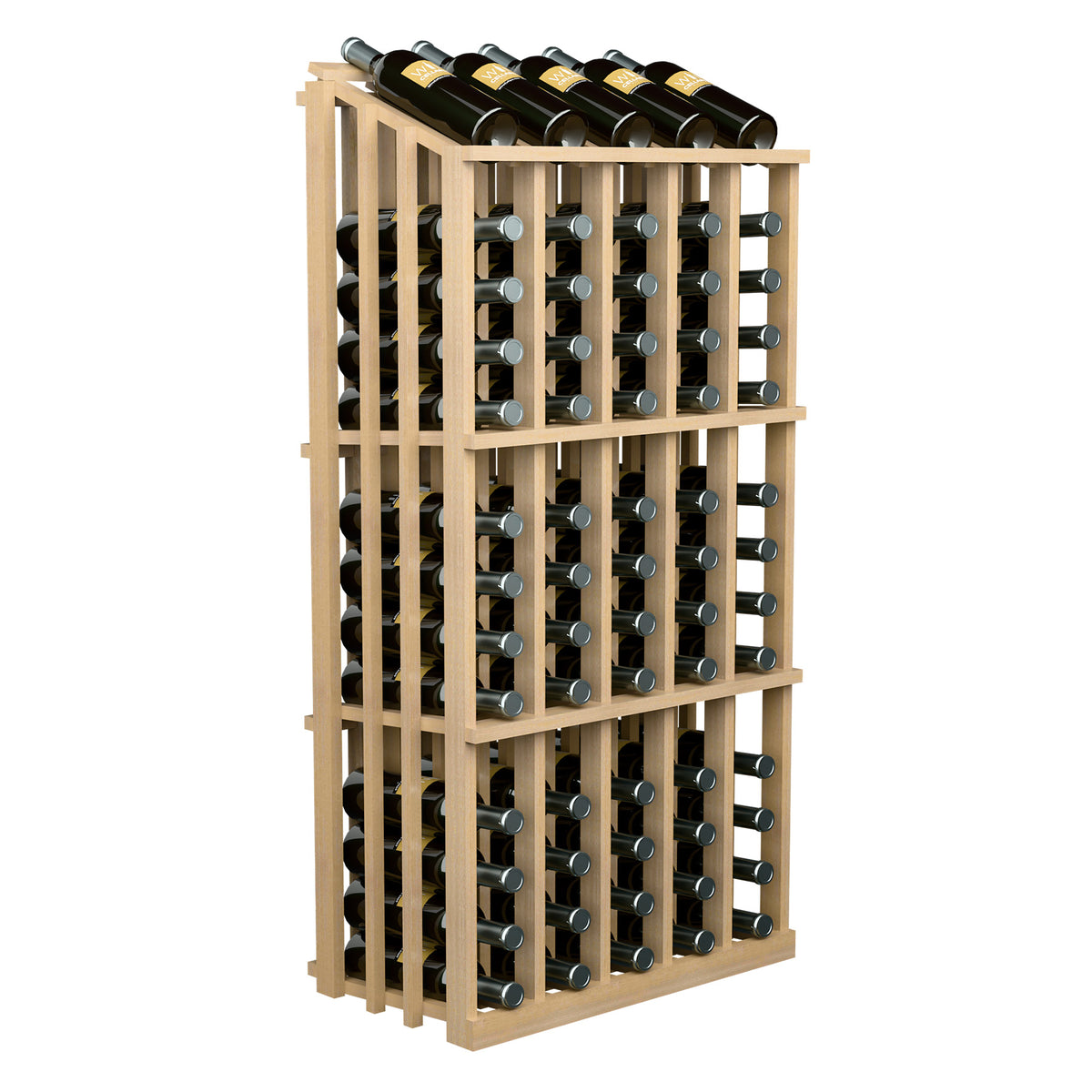 Light wood wine bottle display rack with many front bottle holders and top bottles