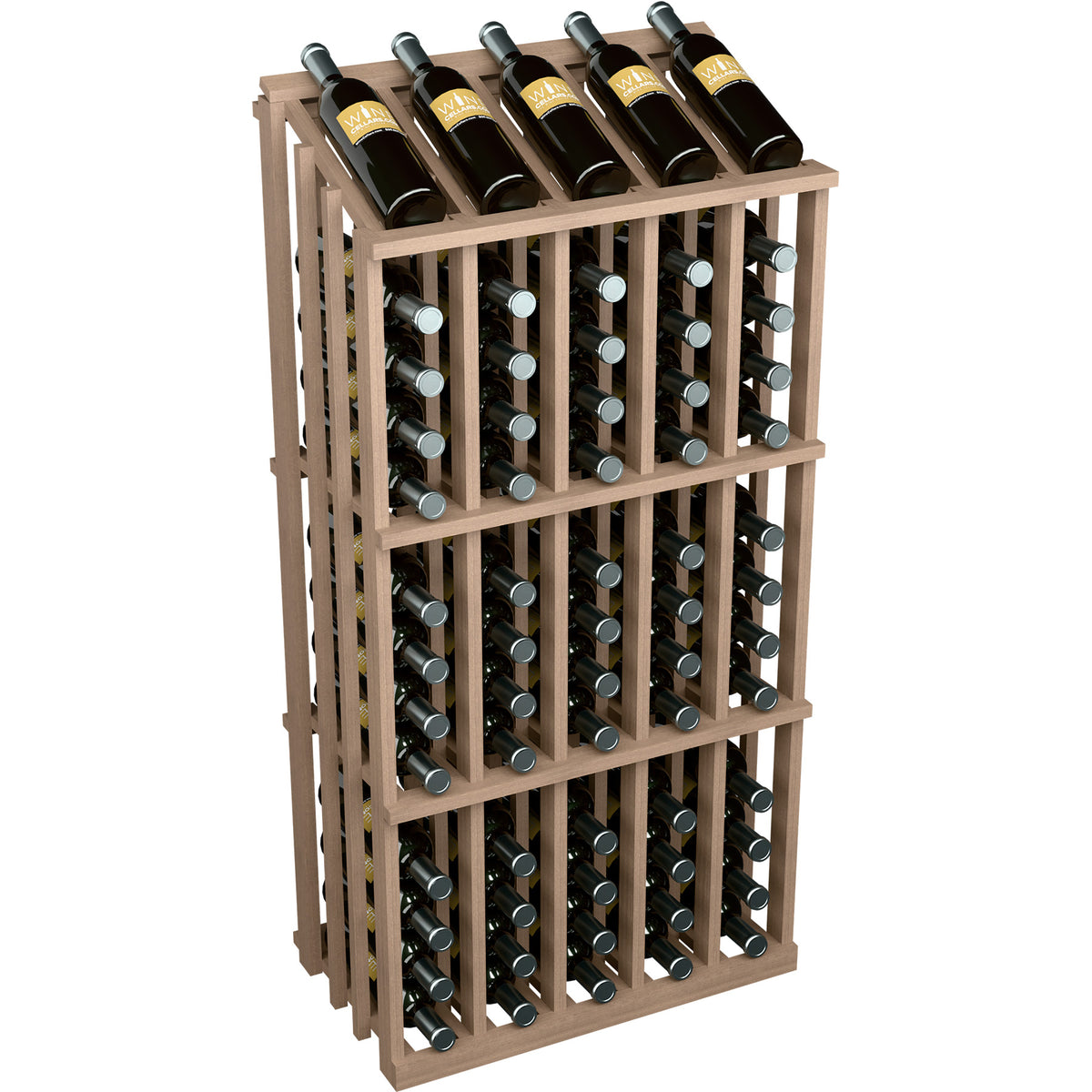 Medium-tone wood wine bottle display rack holding 65 bottles, three-quarter front view with rows.