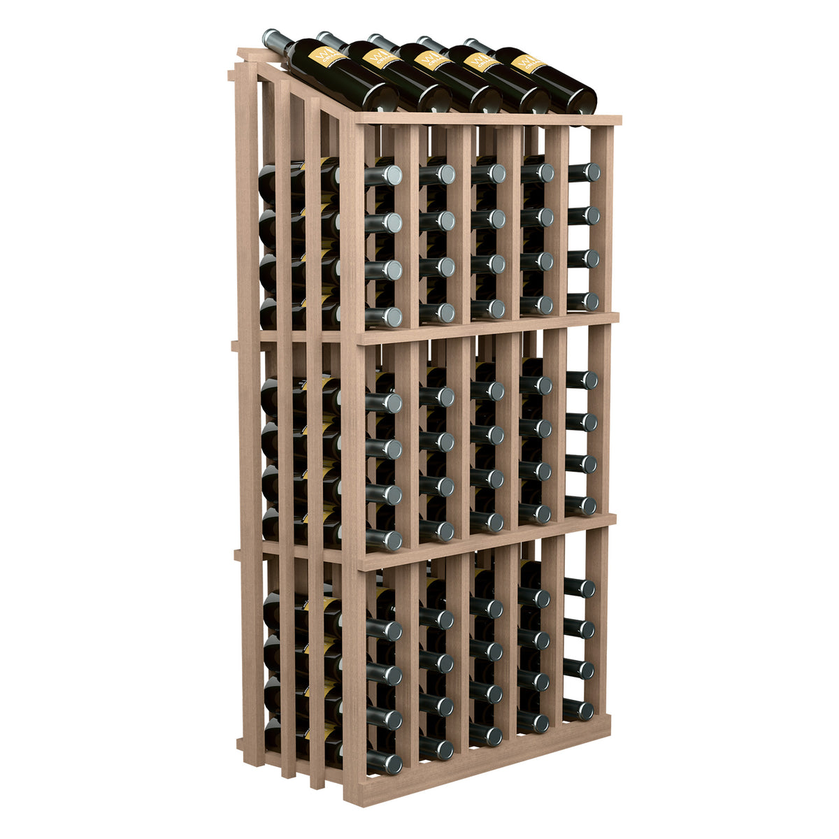 65-bottle wine display rack with natural wood frame and angled metal bottle holders