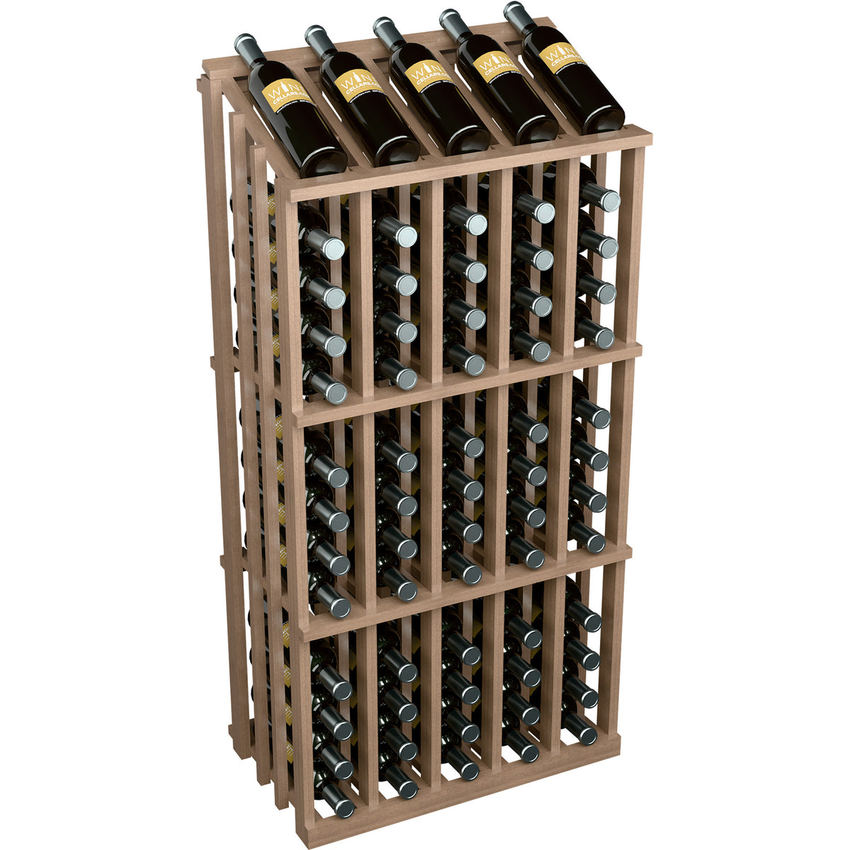 Dark wood wine bottle display rack with front bottle holders and angled view