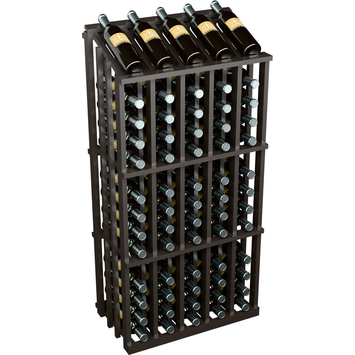 Dark wood wine bottle display rack with front bottle holders and top wine bottles