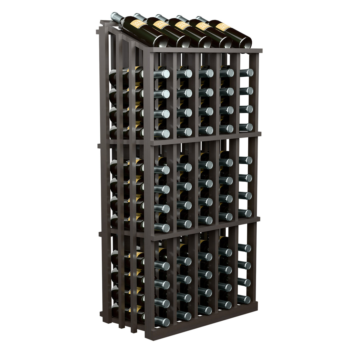 Dark wood wine bottle display rack with grid of bottle holders and top bottles