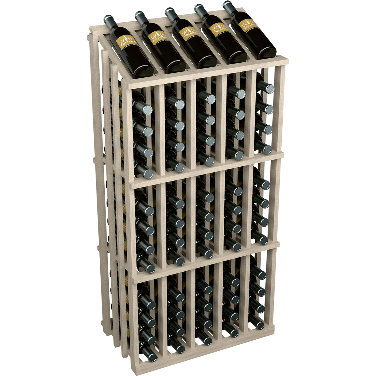 65-bottle wood wine rack with light gray frame and bottle slots, front view.