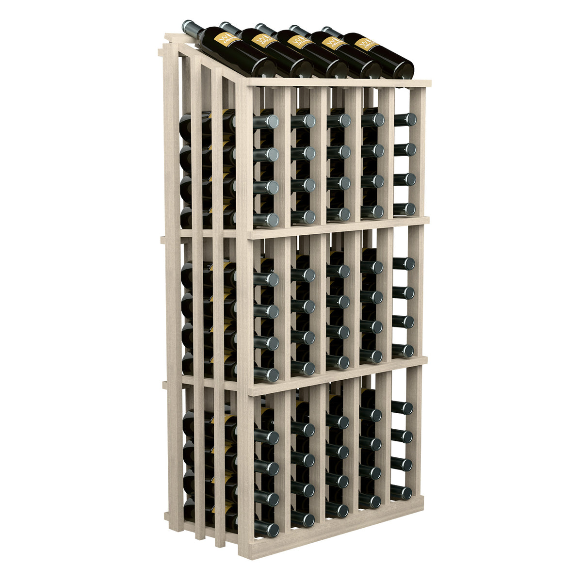 Light wood wine bottle display rack with circular bottle holders and bottles lined up