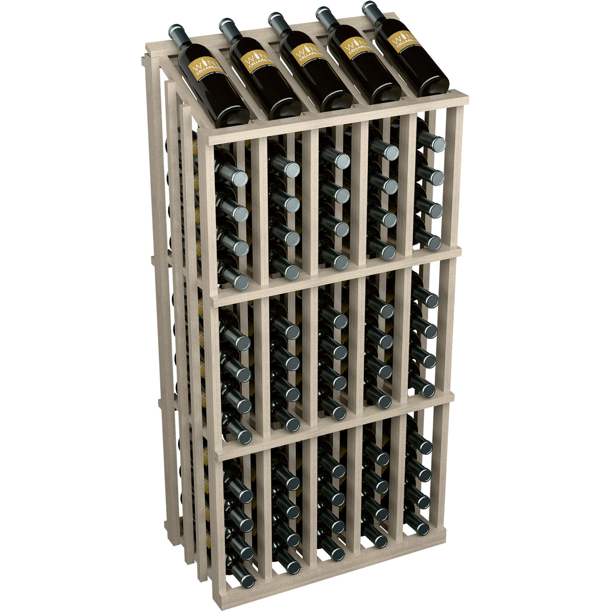 Light wood wine bottle display rack with front bottle holders and angled back frame
