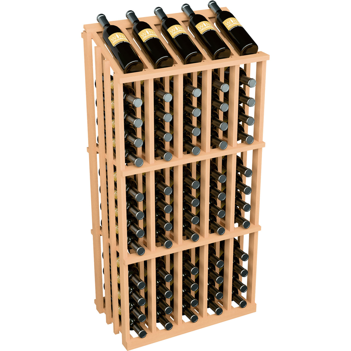 Light stained wood wine bottle display rack holding 65 bottles, three-quarter view with slotted frame.