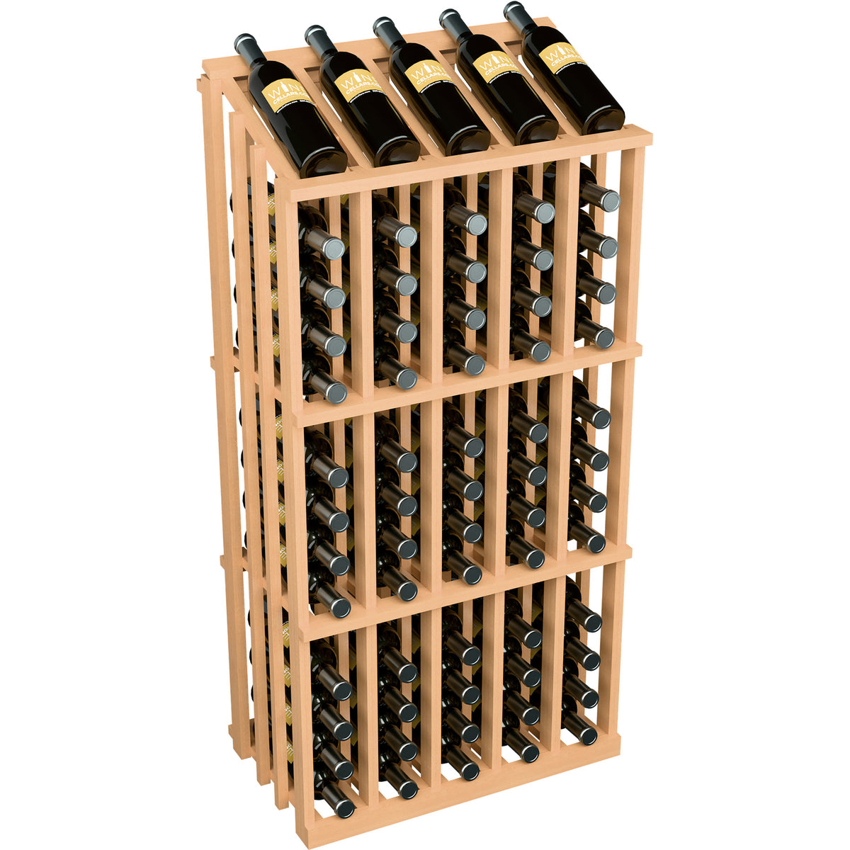 Light wood wine bottle display rack with front bottle holders and side perspective