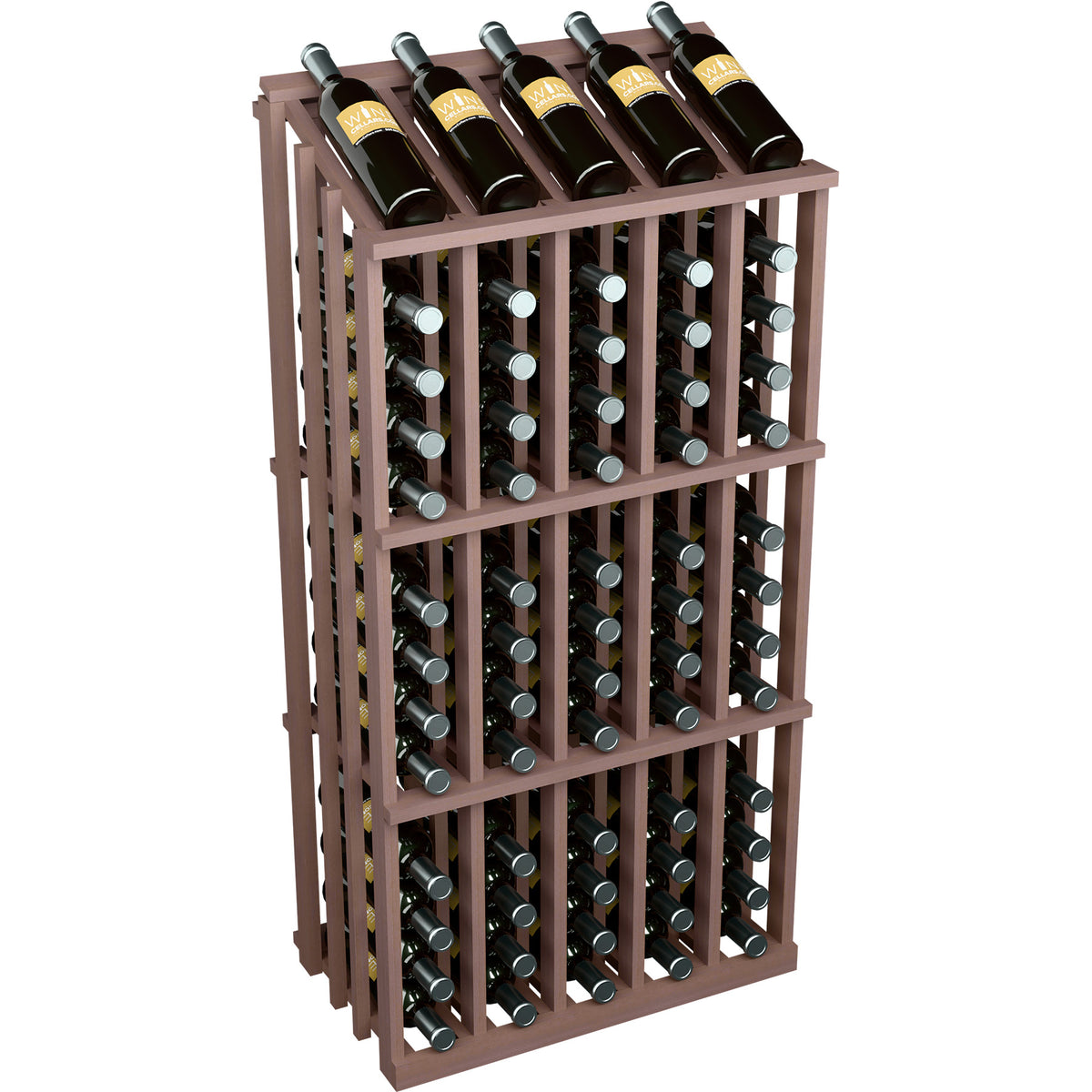 Dark-stained wood wine bottle display rack holding 65 bottles, front view with rows of bottles.