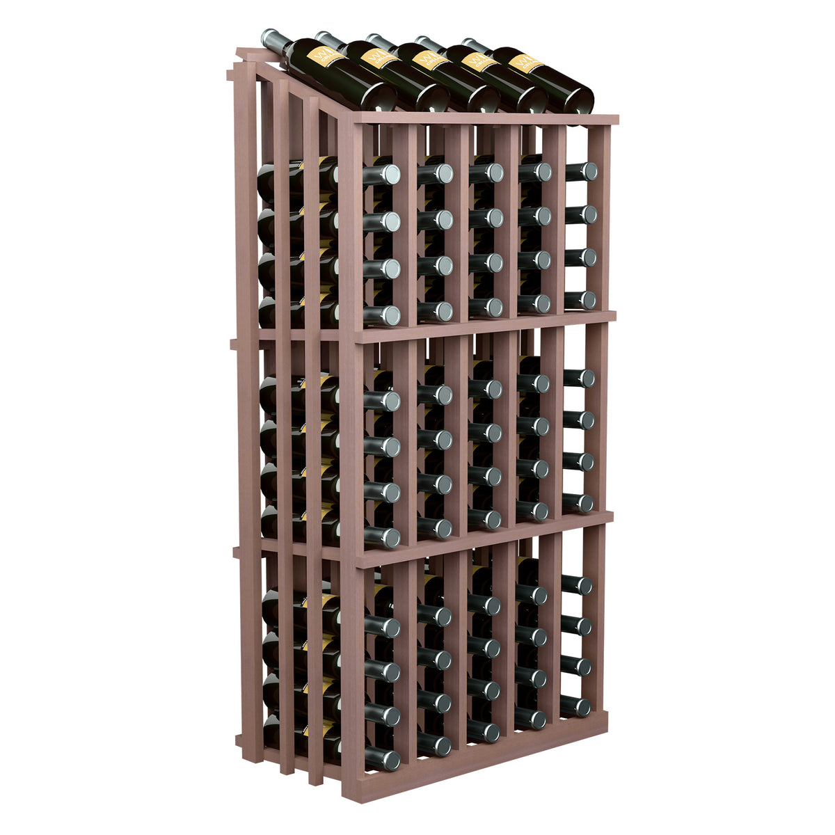 Single-sided wine bottle display rack with 65 slots, medium brown wood frame and bottle holders