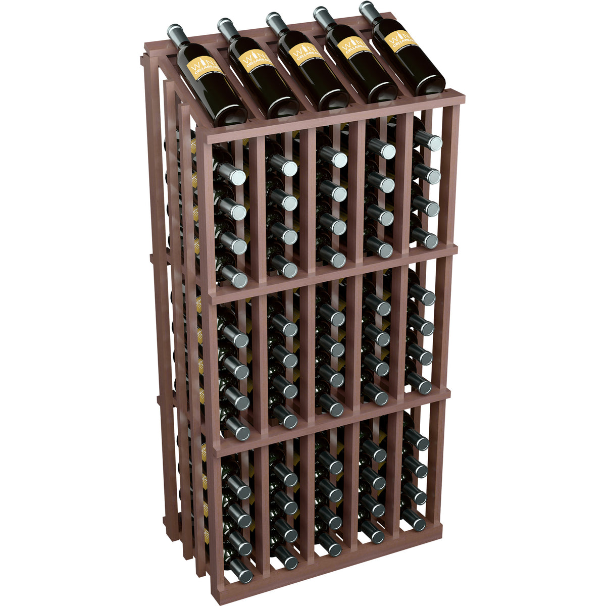 Dark wood wine bottle display rack with front bottle holders and top wine bottles