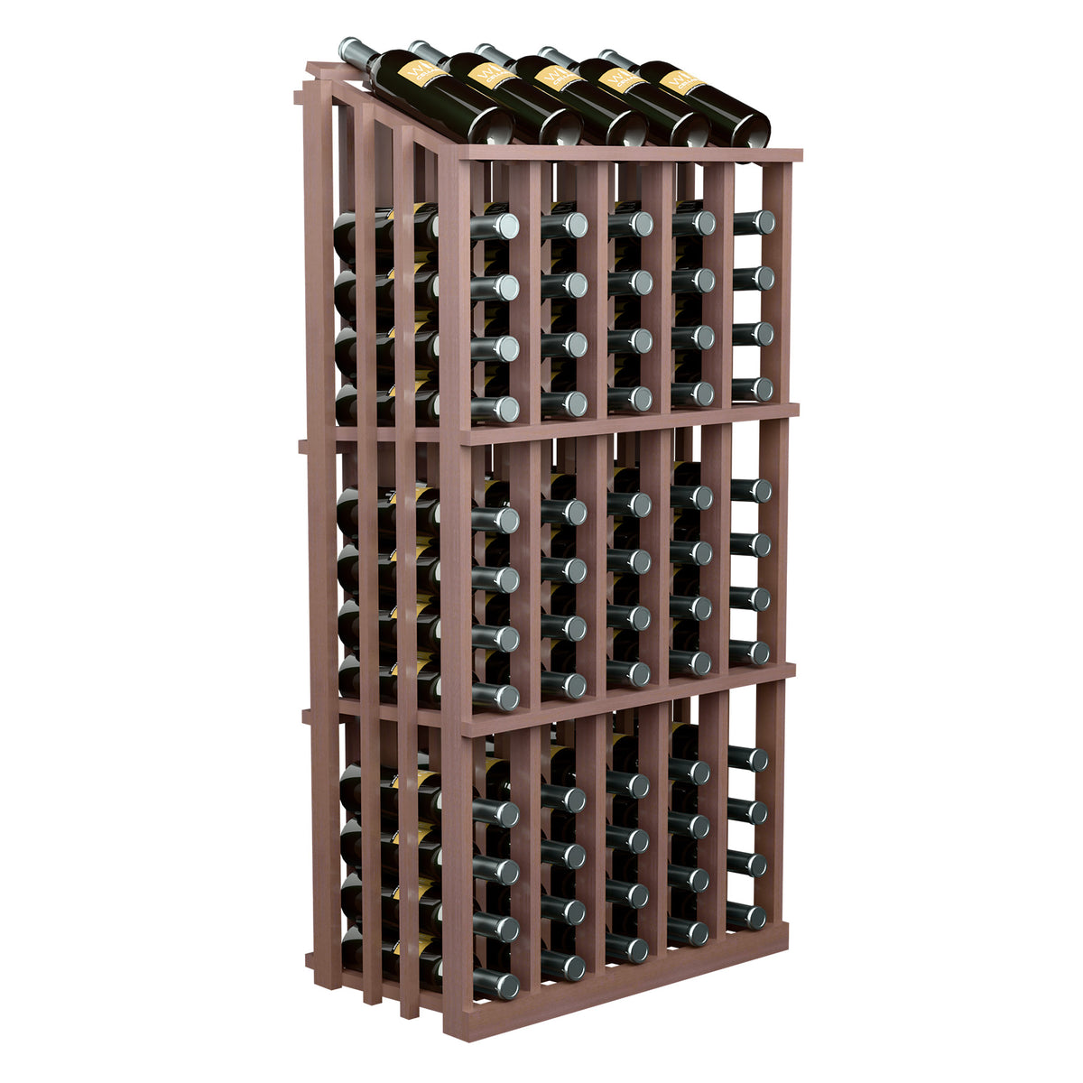 Wine bottle display rack with 65 slots, reddish wood, front view with bottles
