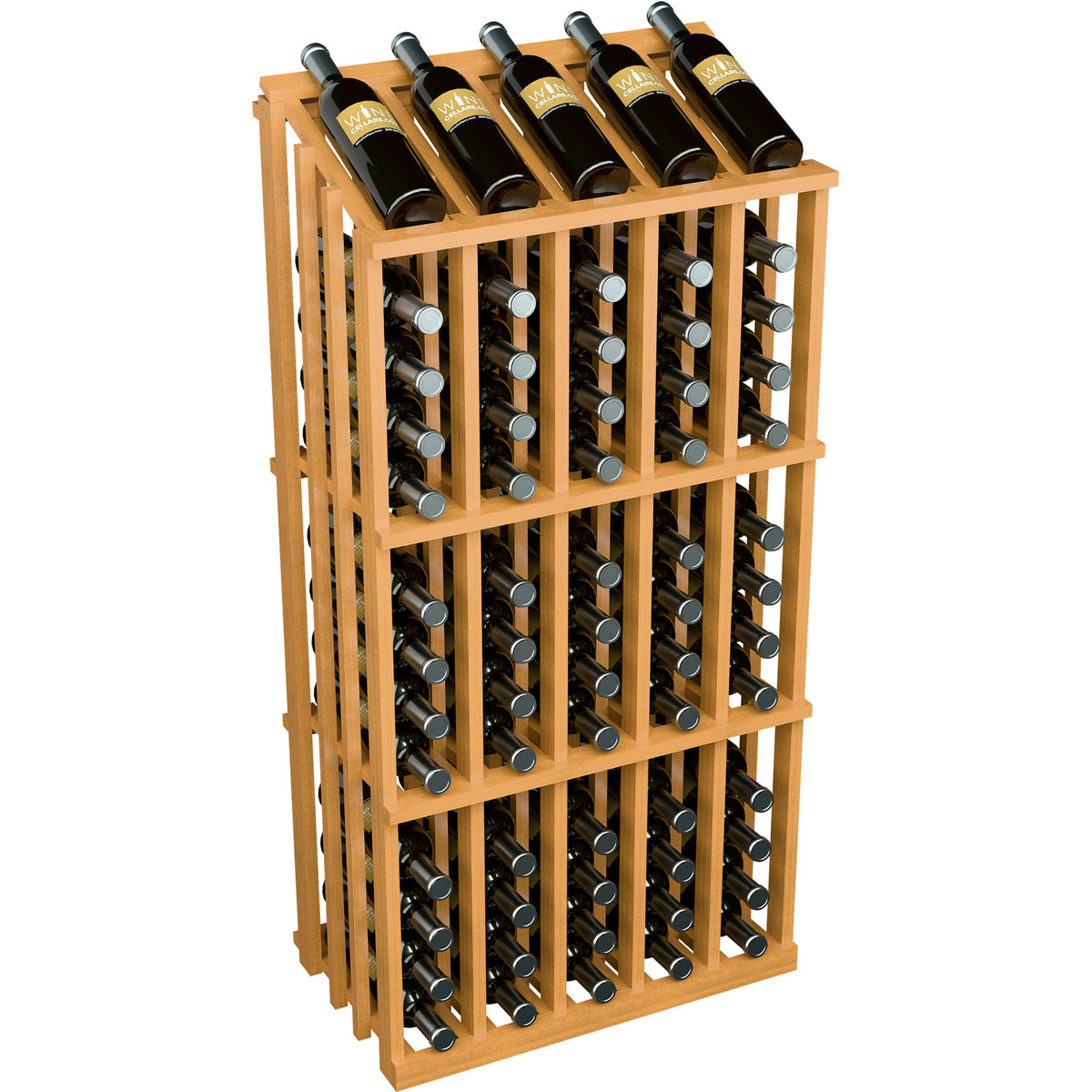 Wine bottle display rack with 65 slots, light wood, angled view with bottles