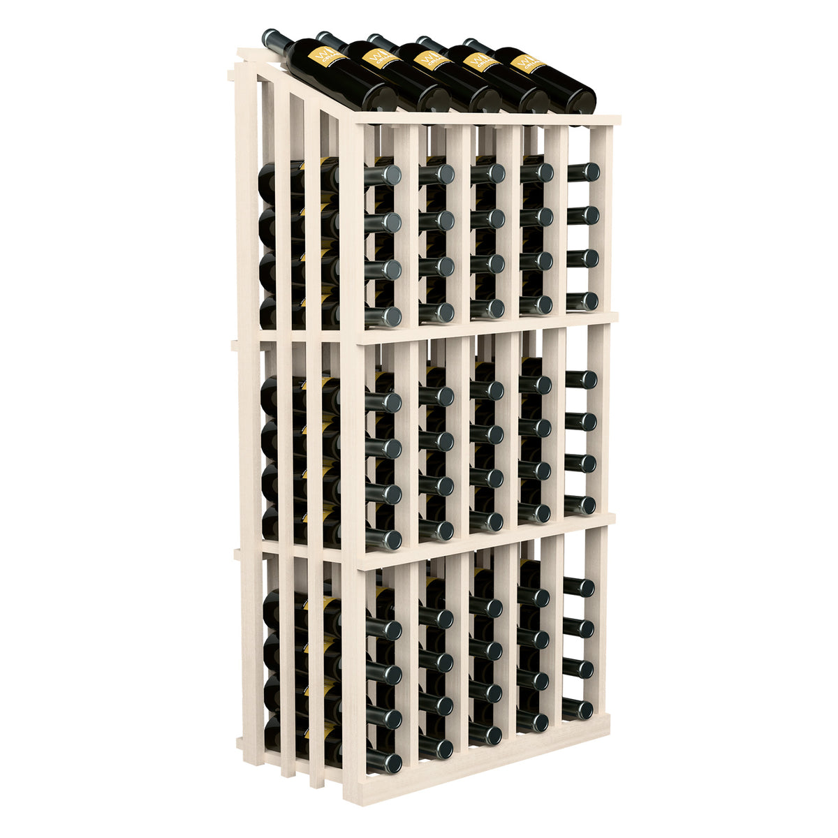 Wine bottle display rack with light frame and upright bottles resting in side-by-side slots