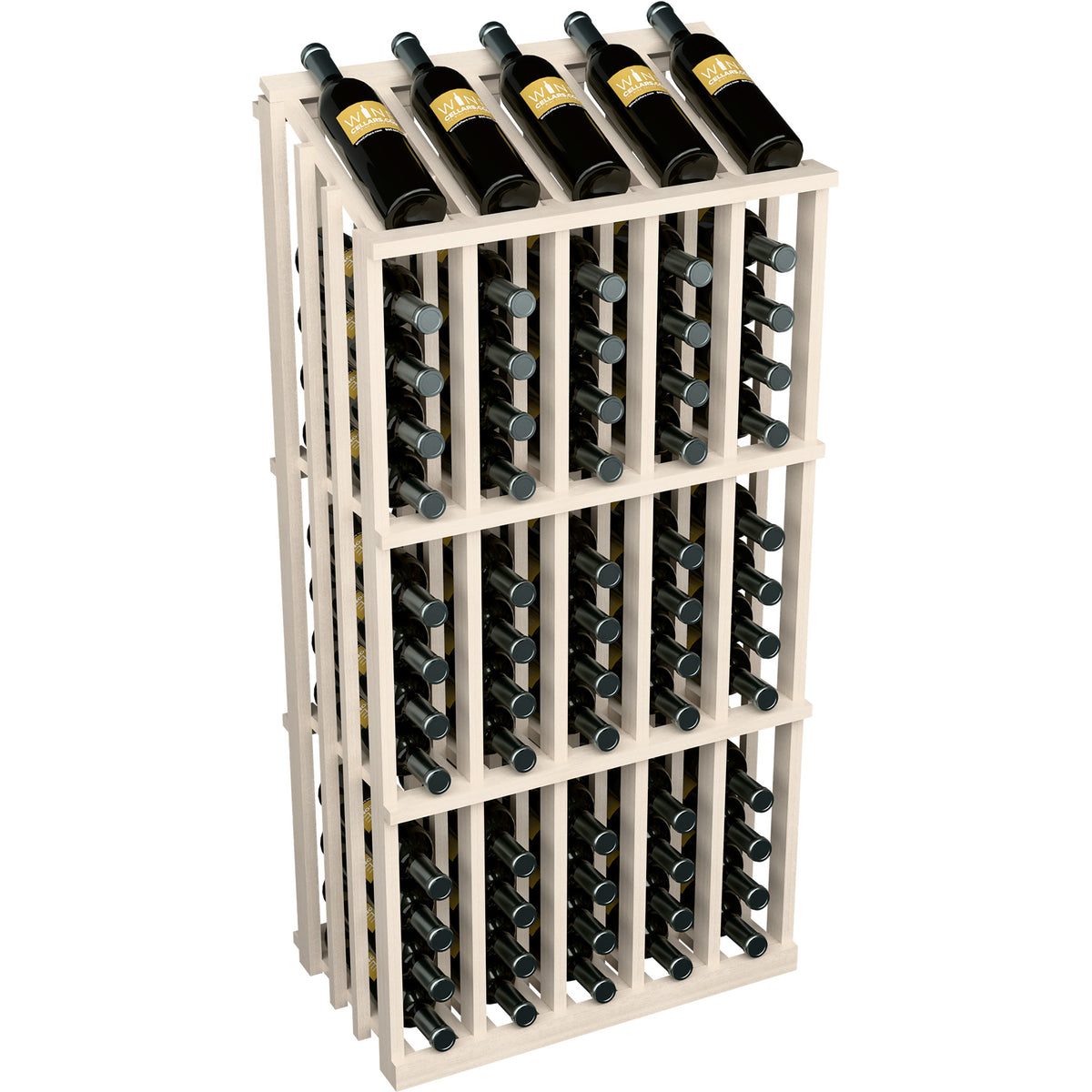 White 65-bottle wine rack display with open grid and bottles stored in top row