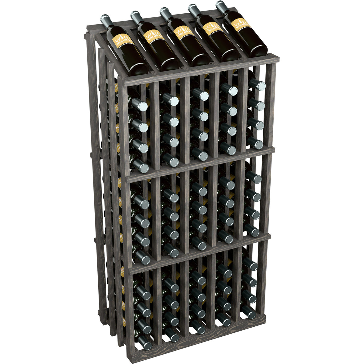 65-bottle wood wine rack with dark frame and wire bottle holders, front view.