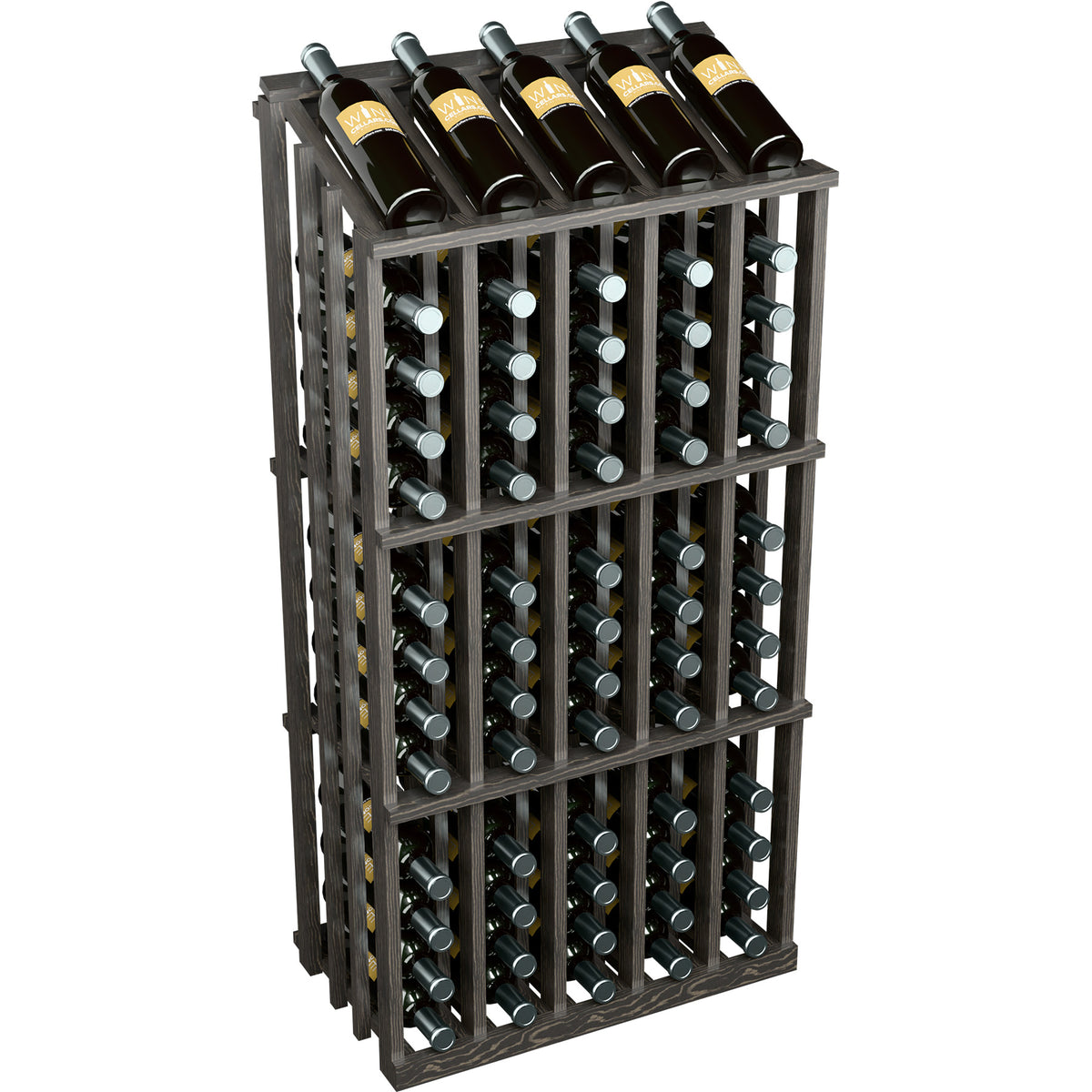 Dark wood 65-bottle wine rack display with side view and bottle slots