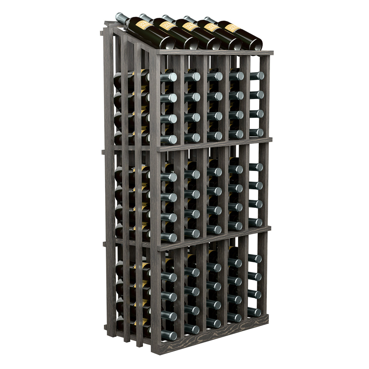 Espresso-brown 65-bottle wine rack display with front grid and top bottles
