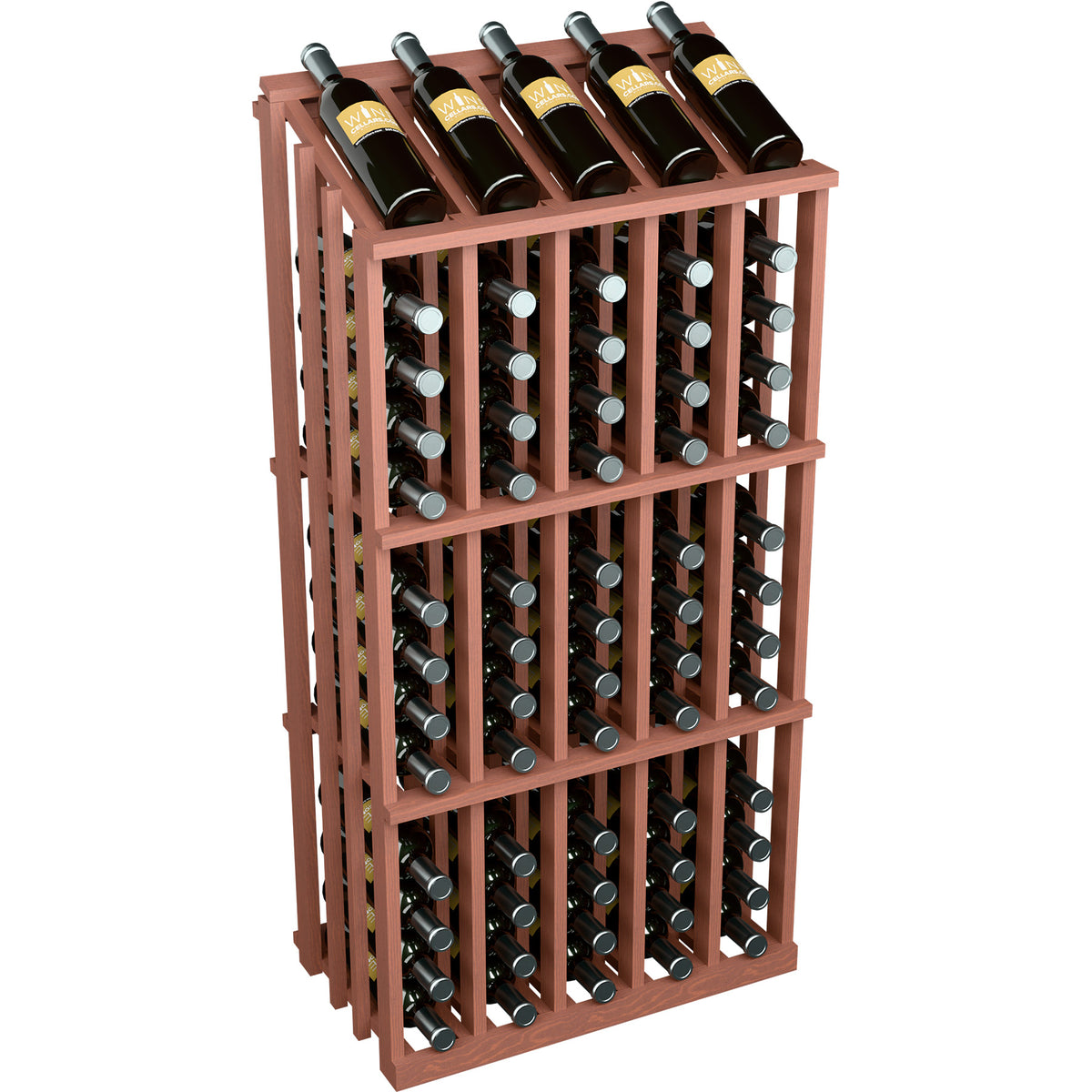 Medium-stain wine bottle display rack with 65 slots, dark bottles arranged in grid
