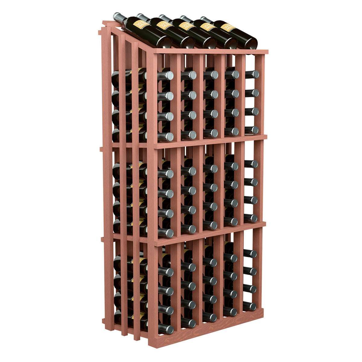 Single-sided wine bottle display rack with 65 slots, reddish wood frame and bottle holders