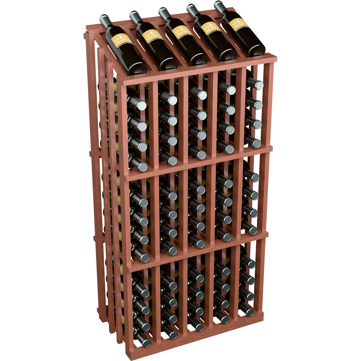 Wine bottle display rack with 65 slots, dark brown wood, angled view with bottles