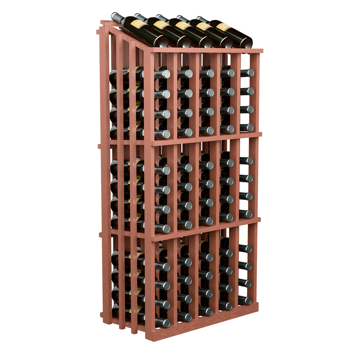Wine bottle display rack with 65 slots, reddish wood, front view with bottles