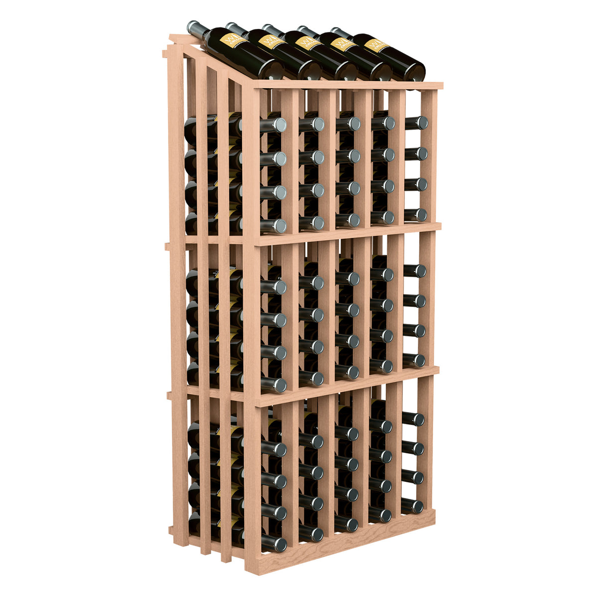 65-bottle wine display rack with natural wood frame and metal bottle holders