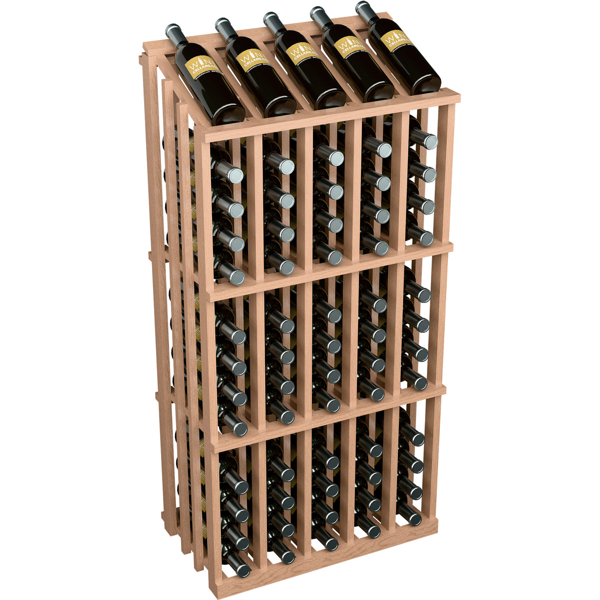 Wine bottle display rack with 65 slots, pale wood, angled view with bottles