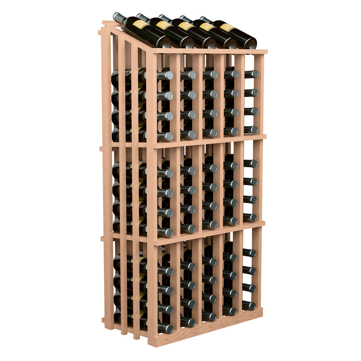 Wine bottle display rack with 65 slots, light wood, front view with bottles