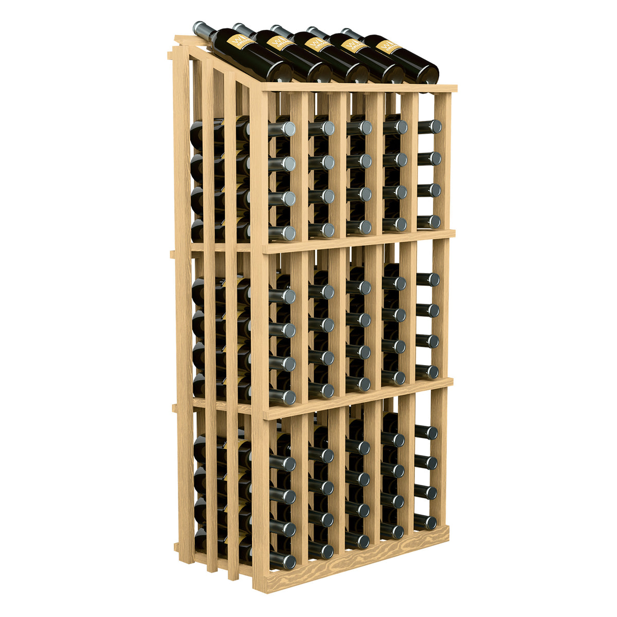 Light wood wine bottle display rack with 65 slots, side view of bottle openings