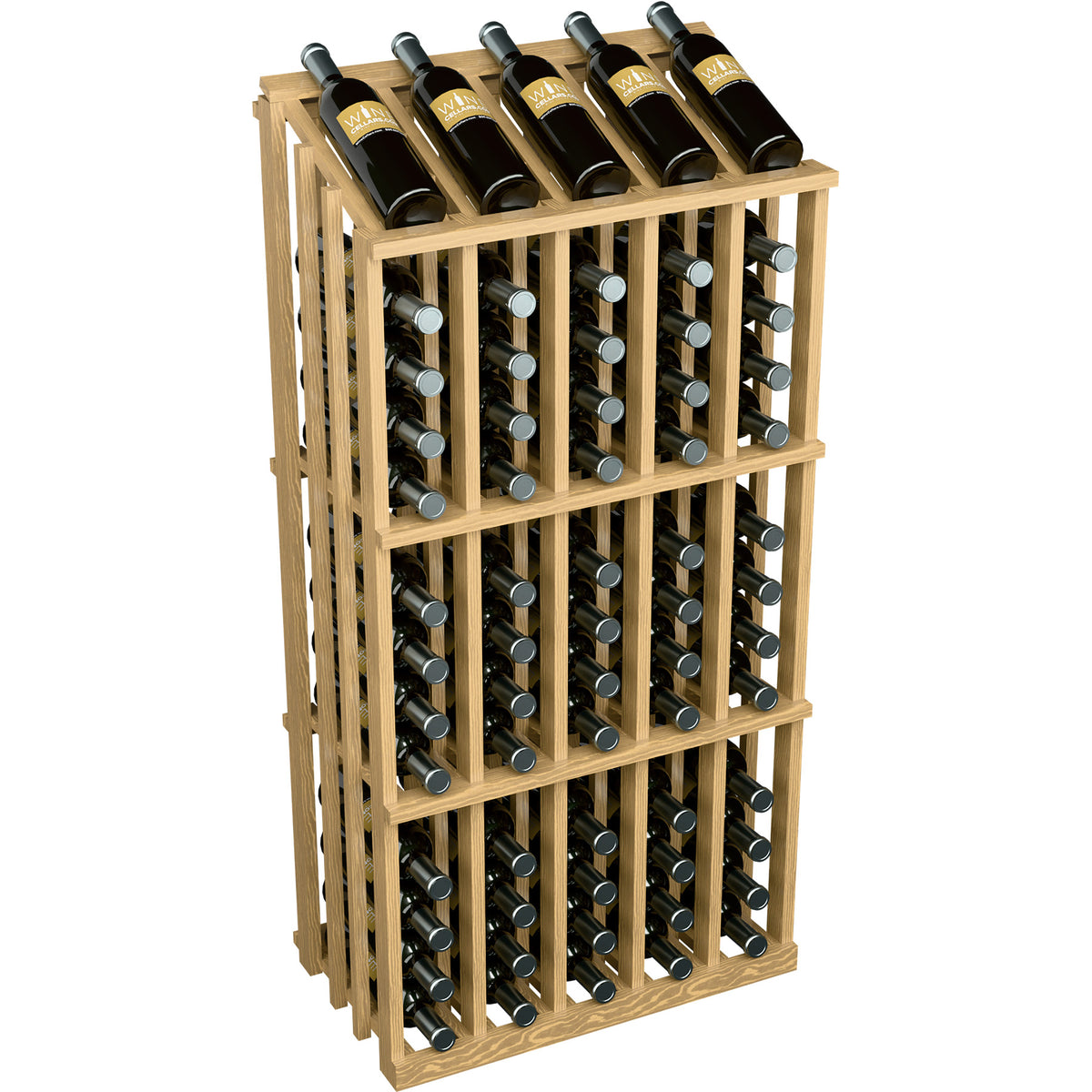 Wine bottle display rack with 65 slots, natural light wood, angled view with bottles