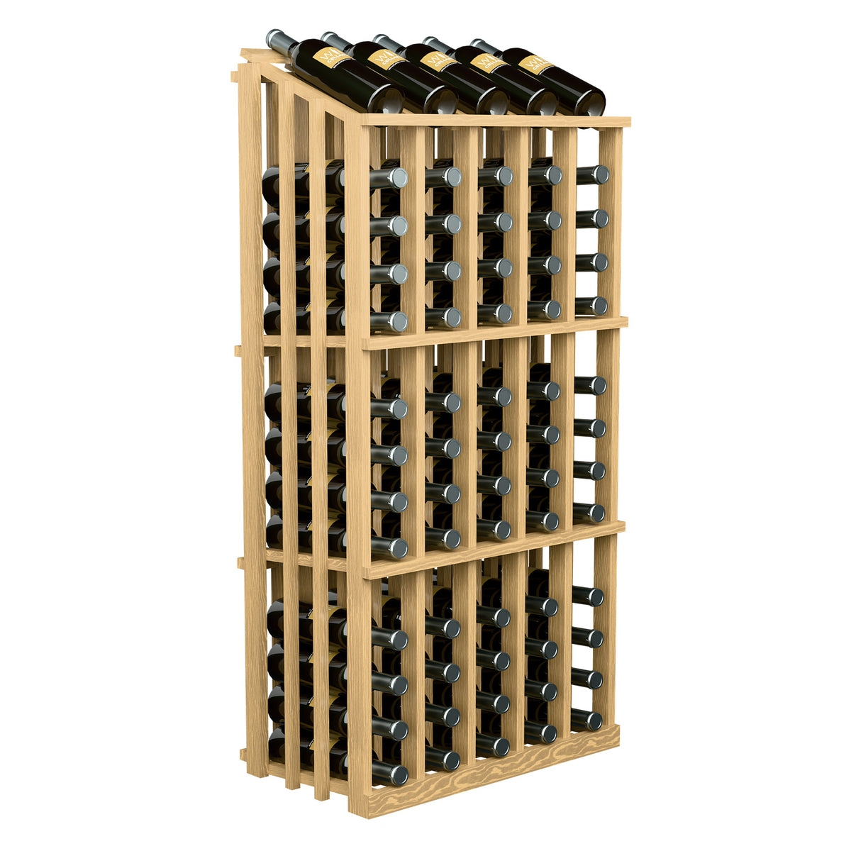 Wine bottle display rack with 65 slots, very light wood, front view with bottles