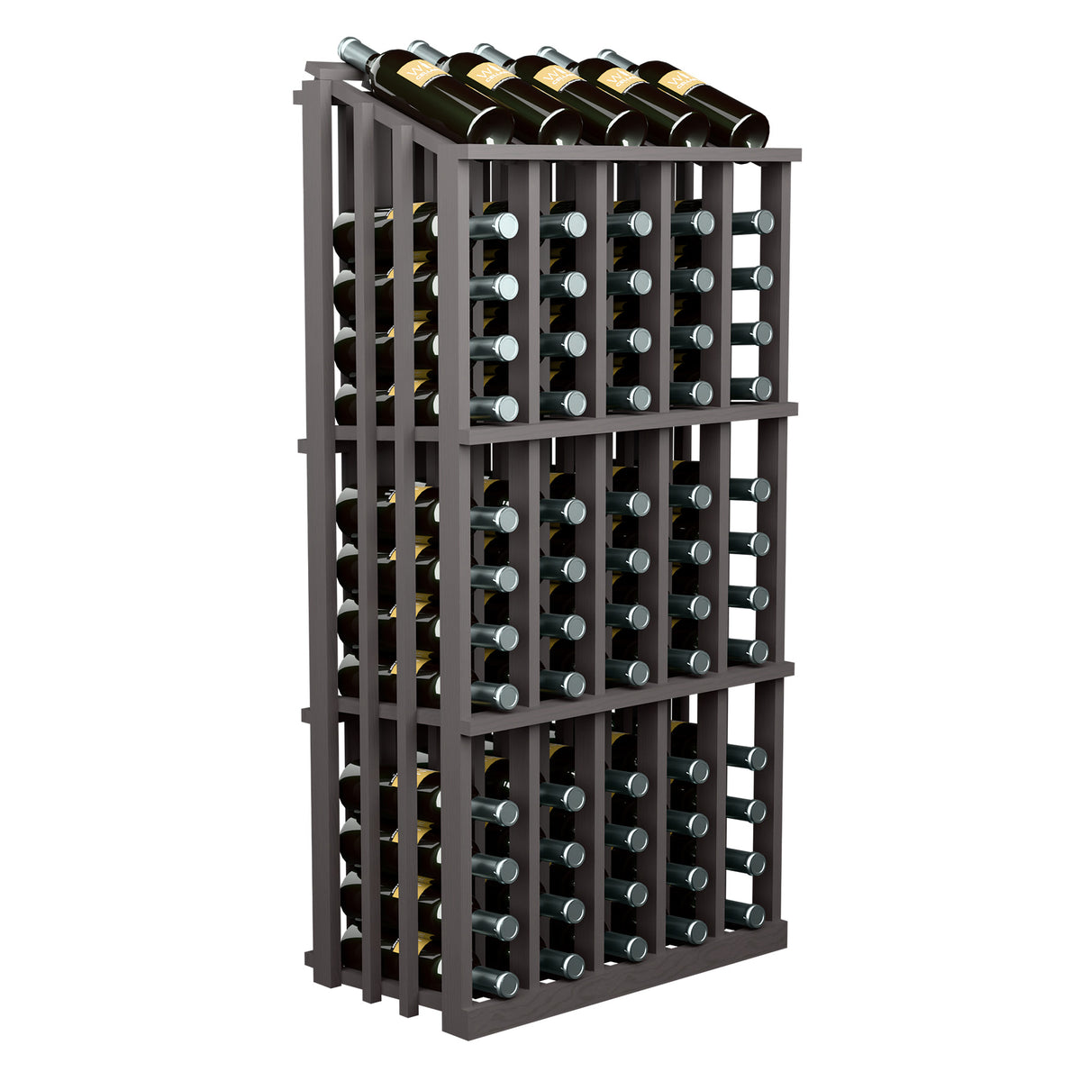 Dark gray wine bottle display rack with rectangular open frame and bottle slots