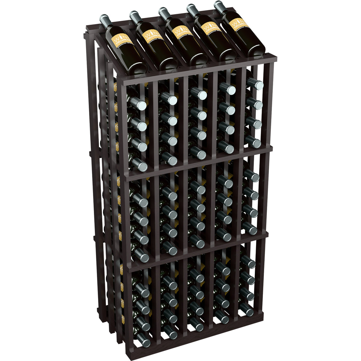 Wine bottle display rack with 65 slots, dark gray wood, angled view with bottles
