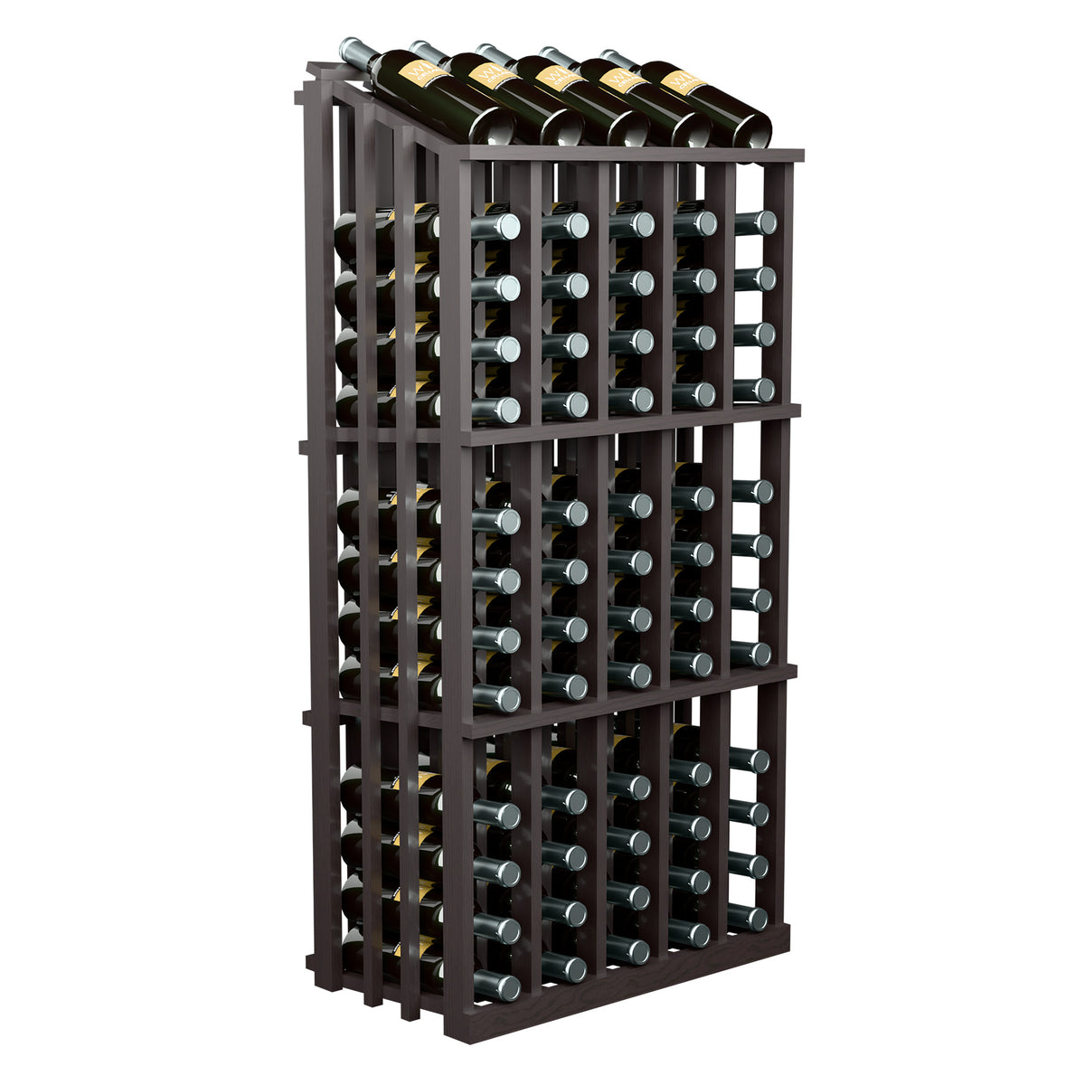 Wine bottle display rack with 65 slots, dark gray wood, front view with bottles