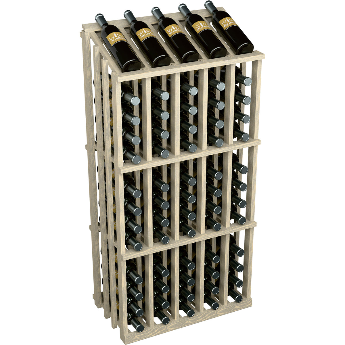 Light wood wine bottle rack, 65-slot frame with bottles stored in neat columns