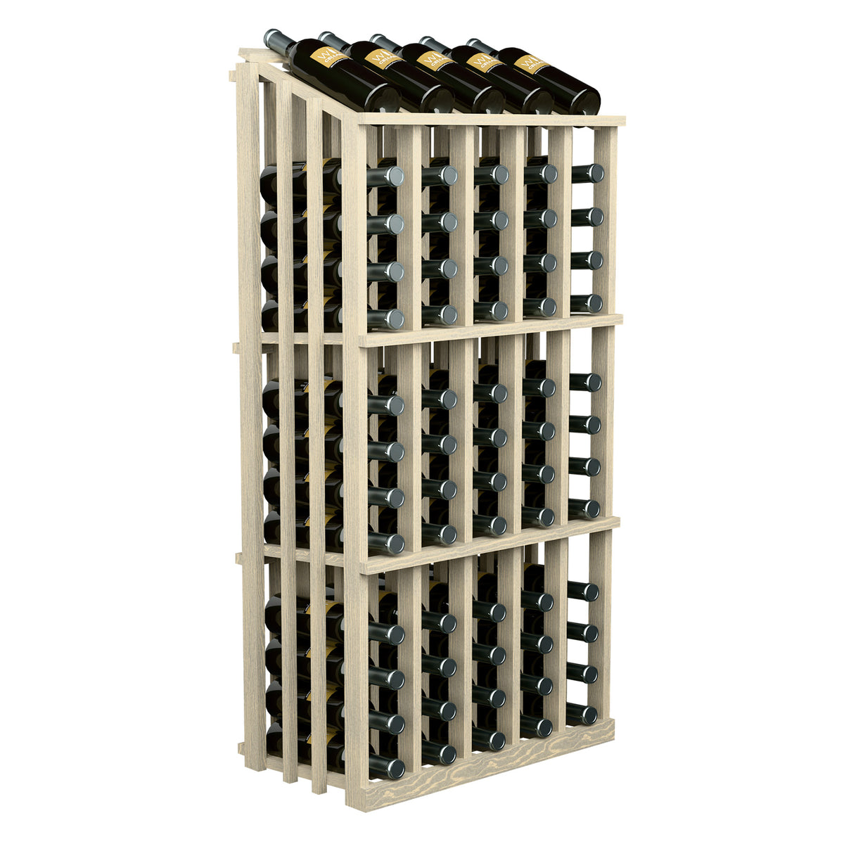 65-bottle wine display rack with light wood frame and metal bottle holders