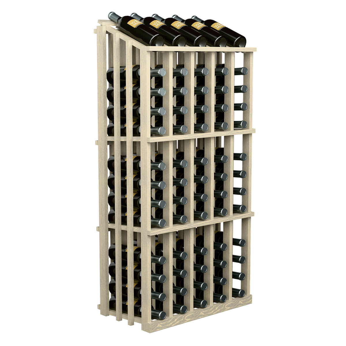 65-bottle wine display with light wood frame and front grid of bottle slots