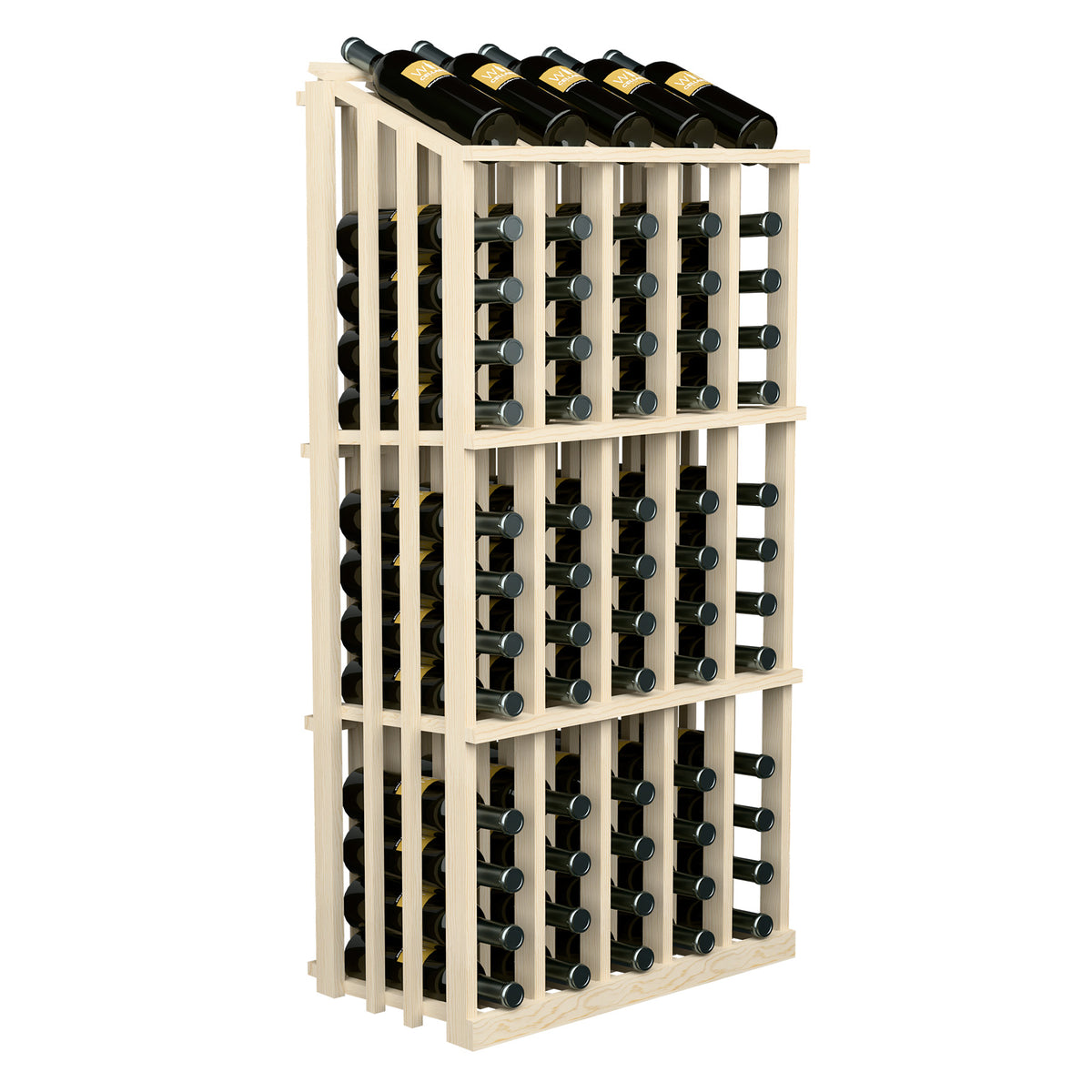 Natural wood wine bottle display rack with circular bottle holders and capped wine bottles