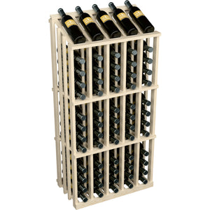 65-bottle wine display with light wood frame and top row of bottles