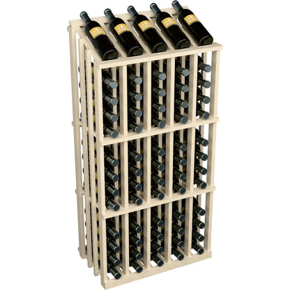 65-bottle wine display with light wood frame and top row of bottles