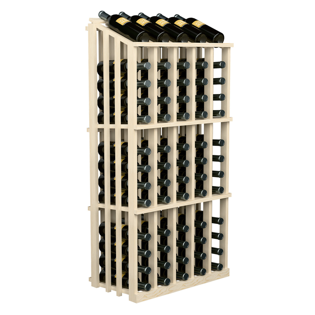 65-bottle wine display with light wood frame and mirrored bottle slot front